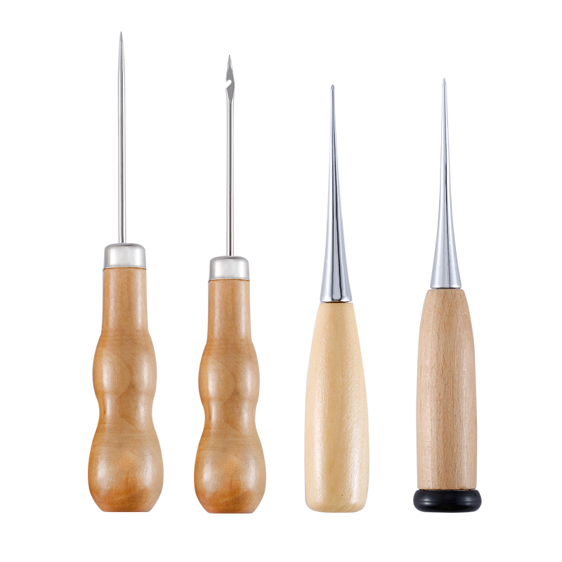 KRABALL 4PCS Leather Sewing Awl Wooden Handle Leather Drillable Stitching Awl Gourd Shape Leather Awl for Canvas Shoes Handmade