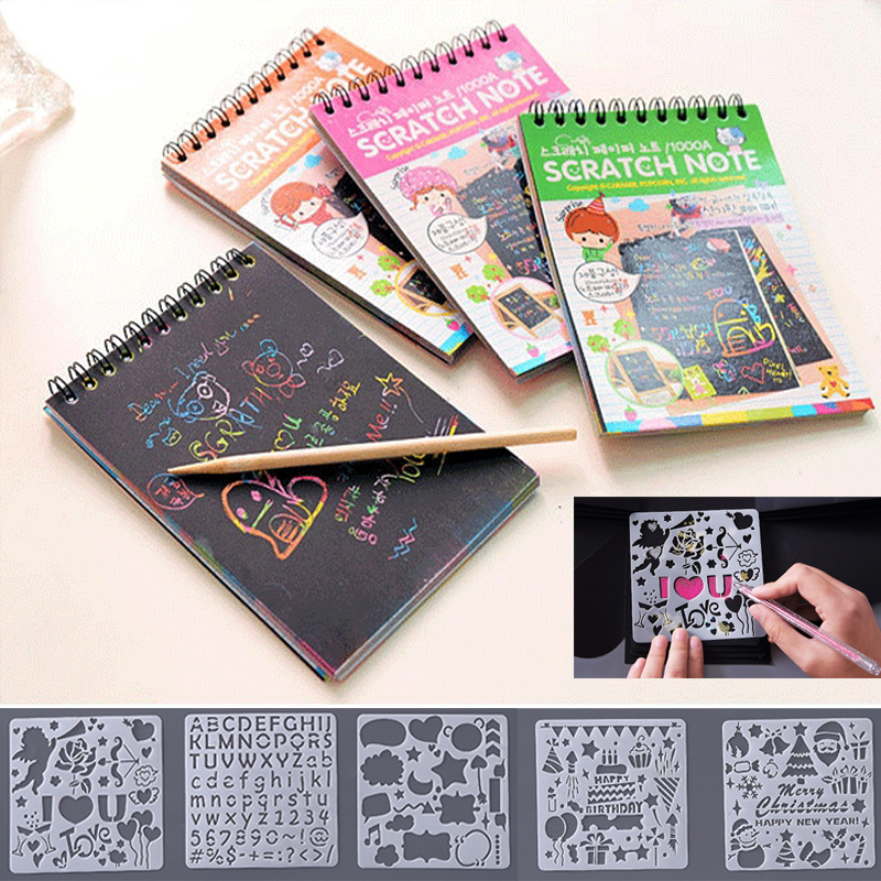 12 Sheets Magic Color Rainbow Scratch Art Paper Card Set with Graffiti Stencil for Drawing Stick DIY Scratch Painting Toy Kids