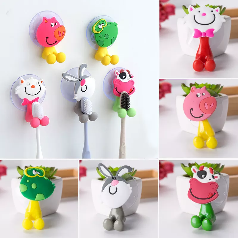 Cute Cartoon Animal Home Toothbrush Holder Wall Mounted Tooth brush Storage Rack With Suction Cup Bathroom Organizer