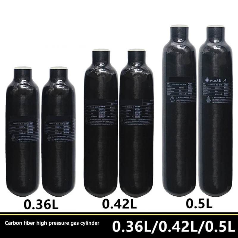 0.36L/0.42L/0.5L Black Carbon Fiber Gas Cylinder 30MPA High Pressure Air Cylinder Portable Oxygen Tank M18*1.5 Universal Thread
