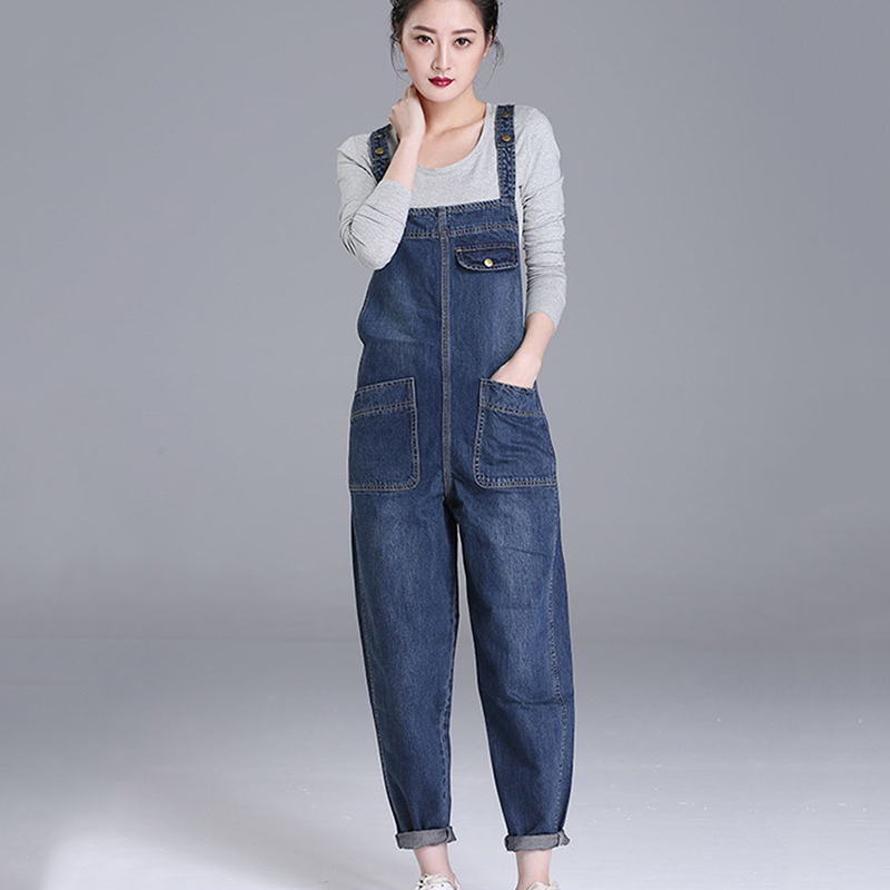  Loose Pocket Jeans Women Autumn Bib Pants Overalls Shoulder Strap Jumpsuit Large Size  Denim Jeans Pants