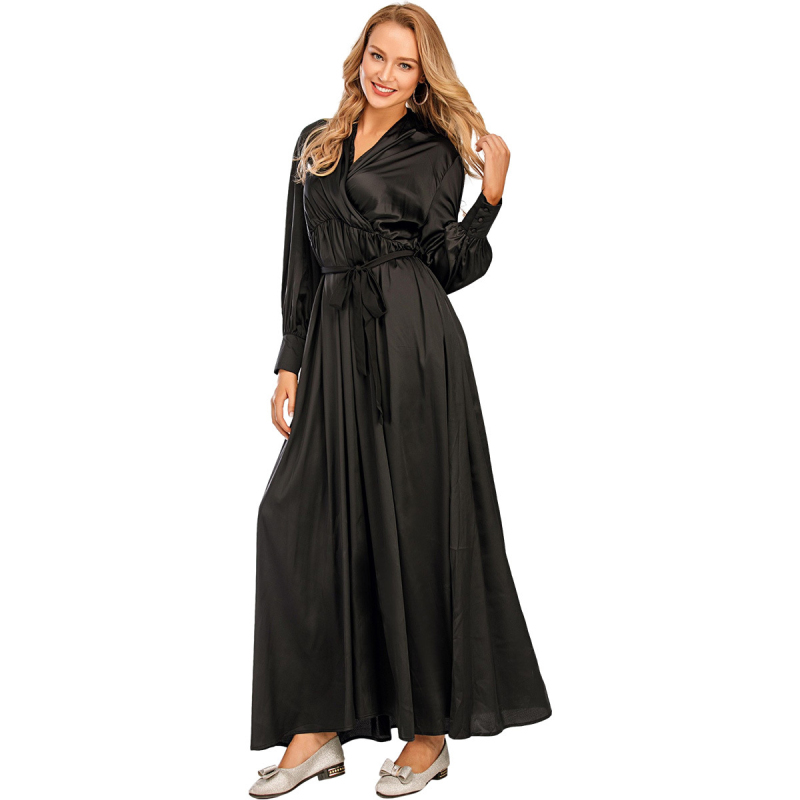 Jilbab Muslim Dress Arab Ladies Summer and Autumn V-neck Lace up Long-sleeved Dress Elegant Style Abaya Islamic Dubai Dress