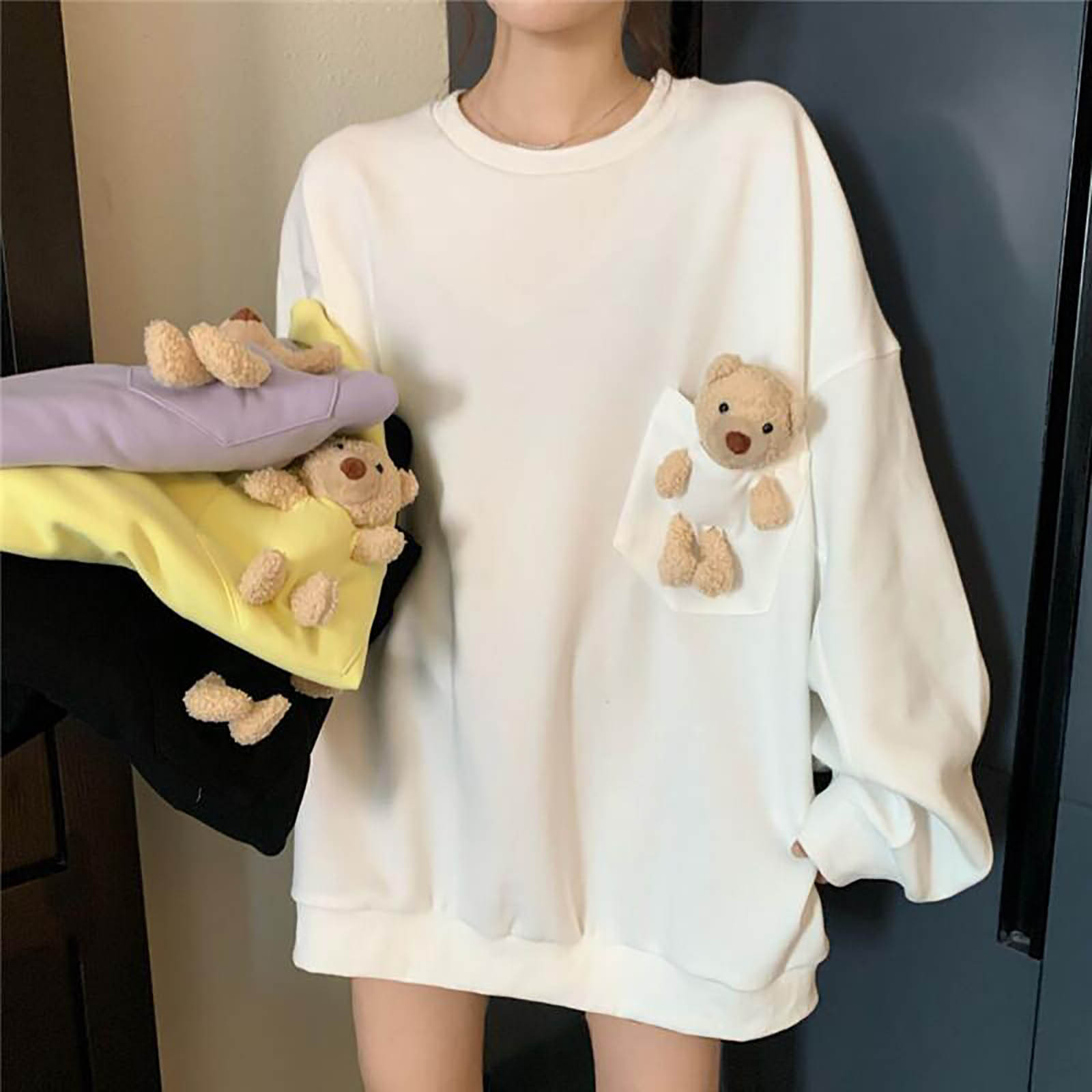 40# Women's Bear pocket Hoodies cute Spring Autumn Loose Wild Pullover Solid Bear Sweatshirt Hoodies Preppy Kawaii Sweatshirts