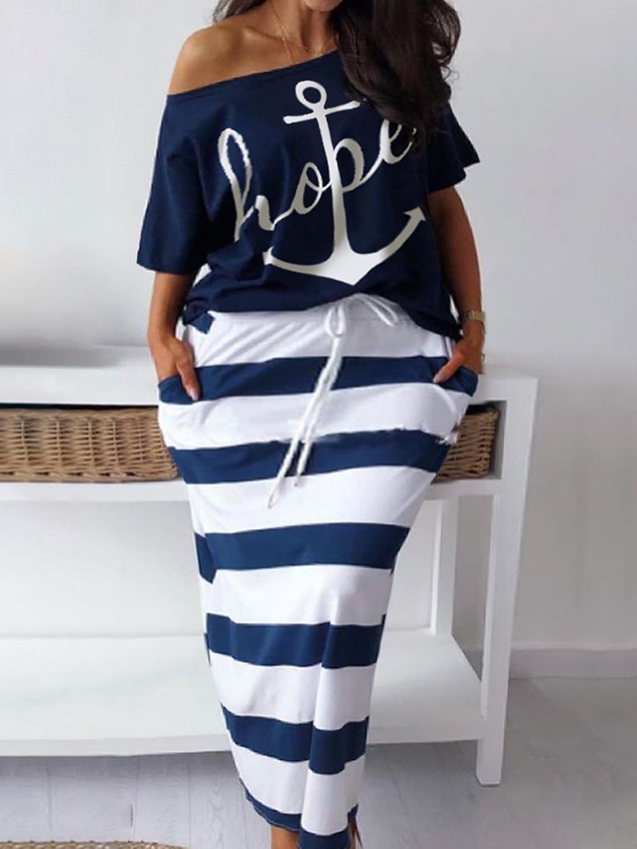 LW Plus Size Two Piece Letter Print Striped Skirt Set  Casual Oblique Bateau Collar Summer Tops+Bottoms Matching Outfits