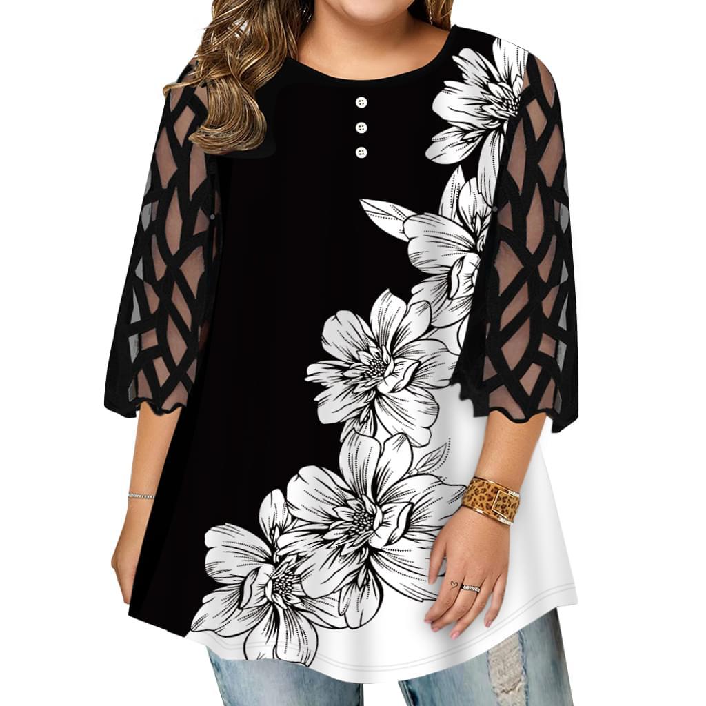 Women Plus Size TShirt Abstract Flower Print Big Yards Tops Spring Autumn Lace transparent Long Sleeve Ladies Street Hipster Tee