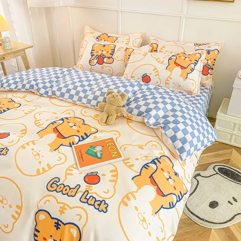 Cute Tiger Bedding Set with Checkerboard Girls  Single Queen Flat Sheet Duvet Cover Pillowcase Bed Linens Kids Home Textile