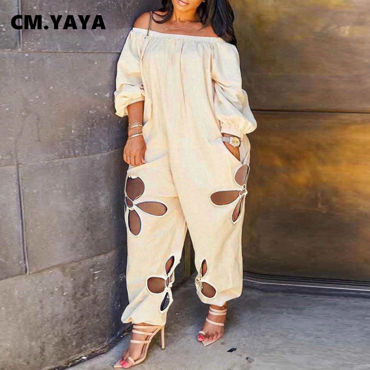 CMYAYA Women Clover Hole Off Shoulder Loose Straight Jumpsuit  Plus Size One Piece Set Overall Streetwear Elegant Playsuits