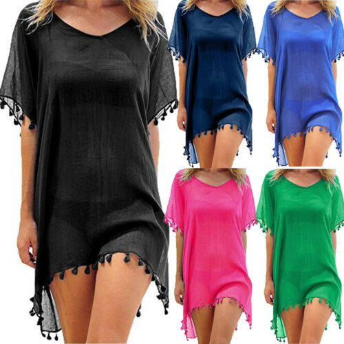 Meihuida Vintage Women Beach Dress Solid Mesh Cover-Ups Beachwear Ladies Tassel Swimwear Short Sleeve Bathing Chiffon Cover Up
