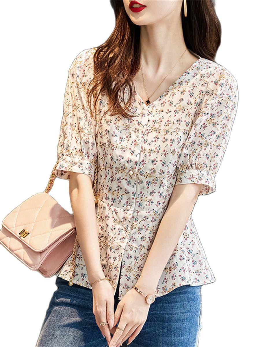 Woman Summer Style Chiffon Blouses Tops Lady Casual V-Neck Short Sleeve Flower Printed Blusas Tops DF4473