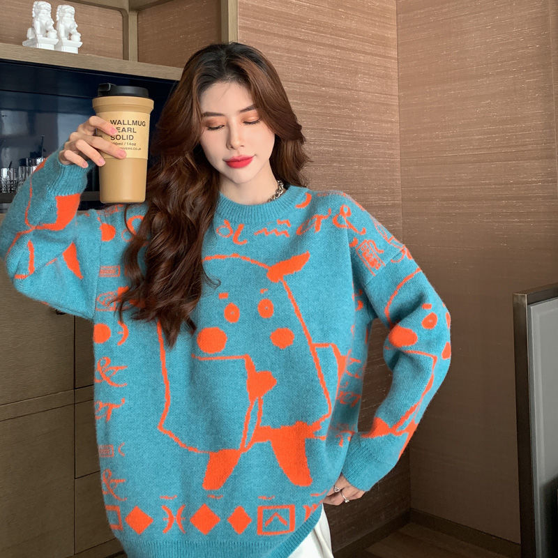Sweater Cartoon Pattern Loose Autumn and Winter Pullover  Version Round Neck Long Sleeve Knitted Top All-match Women