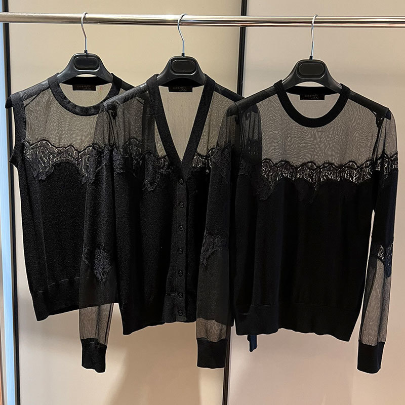 22 Black Knit 3 Piece Set Women Silk Cashmere perspective V-Neck Cardigan O-neck Sleeveless Lace Vest Long Sleeve Pullover
