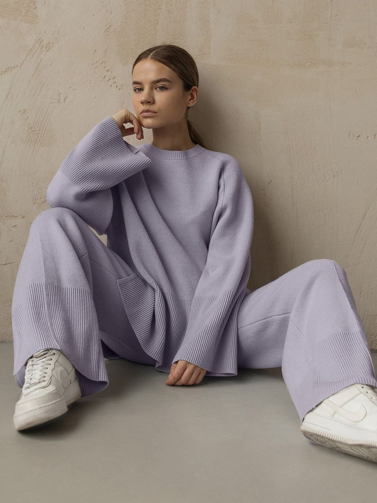 Women Knitted Pants Sets Lilac Casual Loose Two Piece Sweater Sets  Autumn Winter Sweater Pullover and Wide Leg Pants Suits