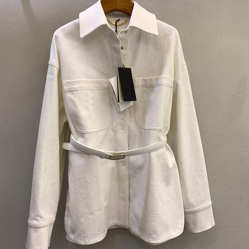 22 Leisure White Denim High Waist Shorts Suits Women Lapel Pocket Long Sleeve Belted Denim Jacket Pleated Lettering Buckle Short