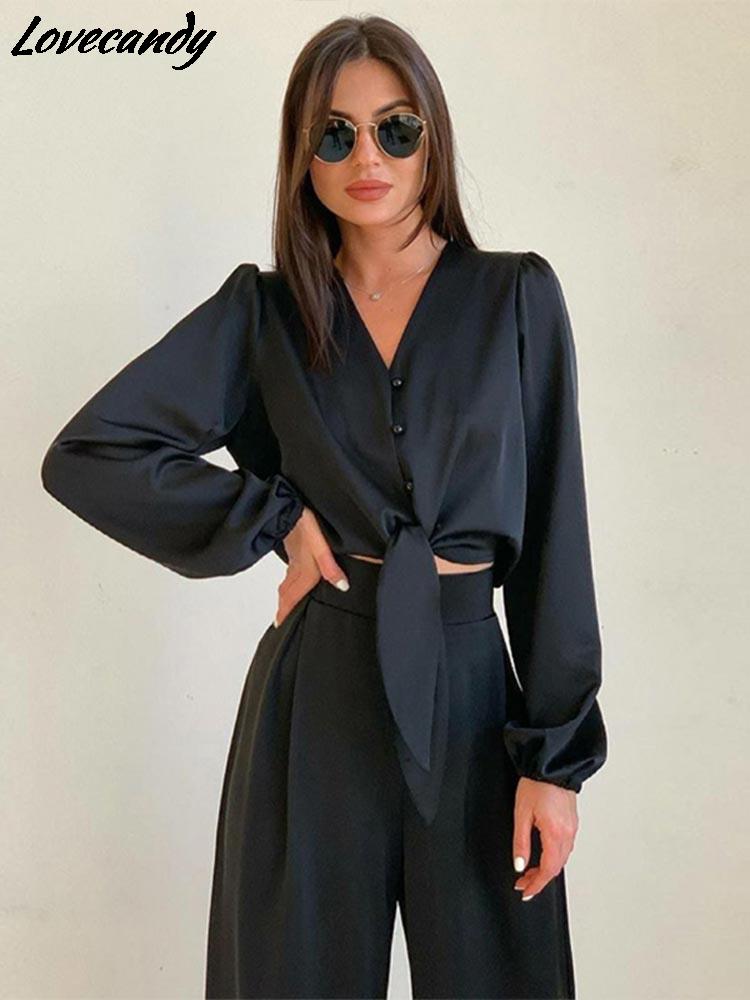 Summer Women  Black Satin Pant Suits V-Neck Long Sleeve Blouse Matching Wide Trousers Suit  Casual Slim Two Piece Set