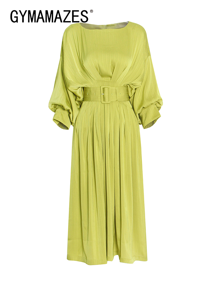 GYMAMAZES Elegant Solid Long Dress For Women Slash Neck Lantern Sleeve Sashes Lace Up Dresses Female  Spring Clothing Style