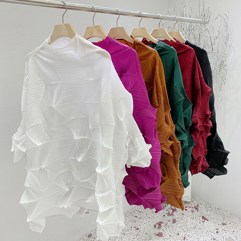 Miyake Pleated Dress Top  Autumn Winter Diamond Pleated Loose Large size Bat Sleeve Long Top