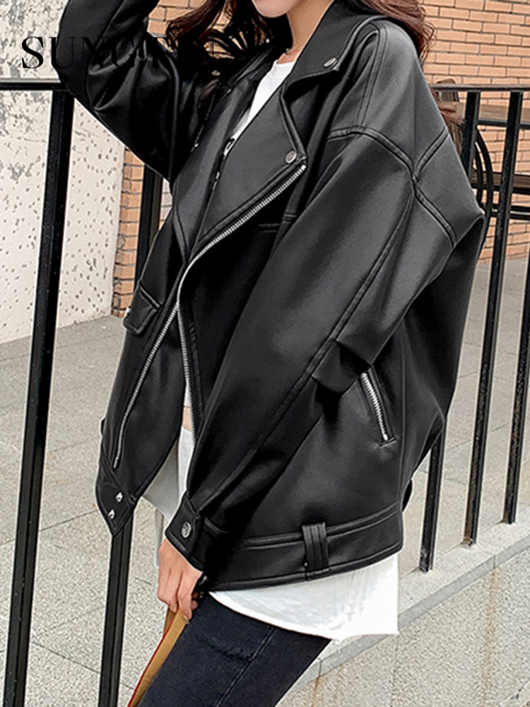 Sungtin Faux Leather Jacket Women Casual PU Loose Motorcycle Jackets Female Streetwear Oversized Coat  Chic Spring