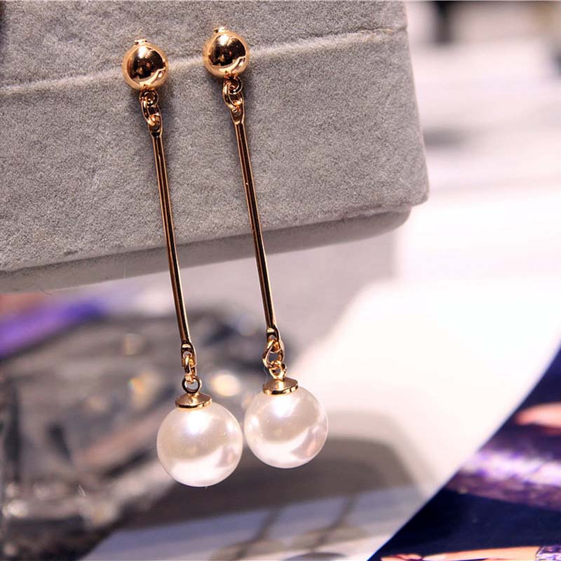  Simulated Pearl Long Tassel Bar Drop Earrings For Women OL Style Sweet Dangle Brincos Party Jewelry Gift WholeEB478