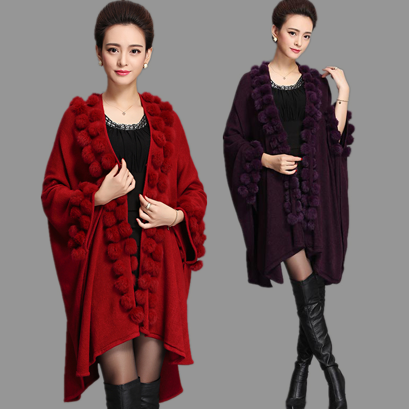  Trend Women Rabbit Fur Poncho Shawl Coat Long Knit Cashmere Cape Fur Sweater Pashmina Autumn Winter New