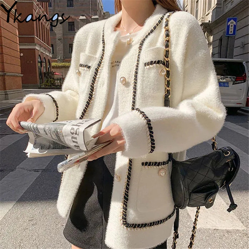 White Mink Cashmere Sweater Coat Women Autumn Winter Lazy Style Female  Retro Black Loose O Neck Knitted Cardigan 