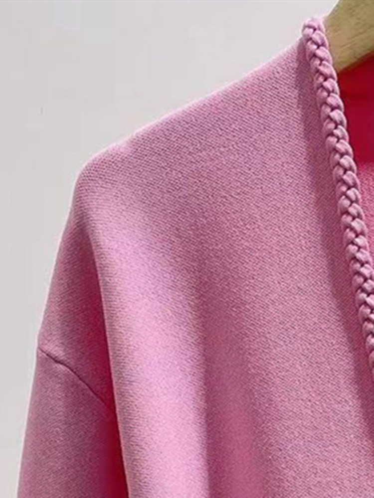 Women's Sweet Pink Cardigan Patch Pocket V-Neck Lady Weave Trim with Lace-Up Long-Sleeved Single Breasted Short Jacket Tops