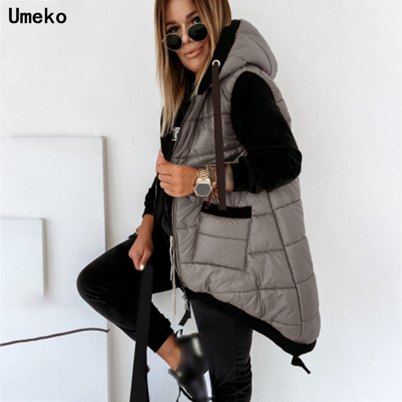 Umeko Women's Long Vest Hooded  Autumn Winter Pockets Casual Ladies Sleeveless Jacket Solid Slim Waistcoat for Female