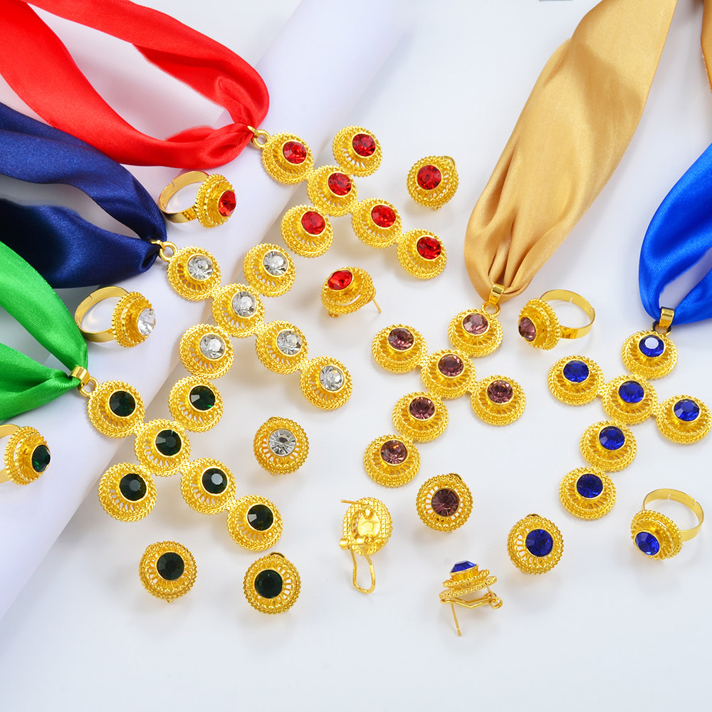 Anniyo Ethiopian Cross Jewelry sets Charms Pendant and Rope Necklaces Earrins Rings African Eritrean Habesha Accessories #140316