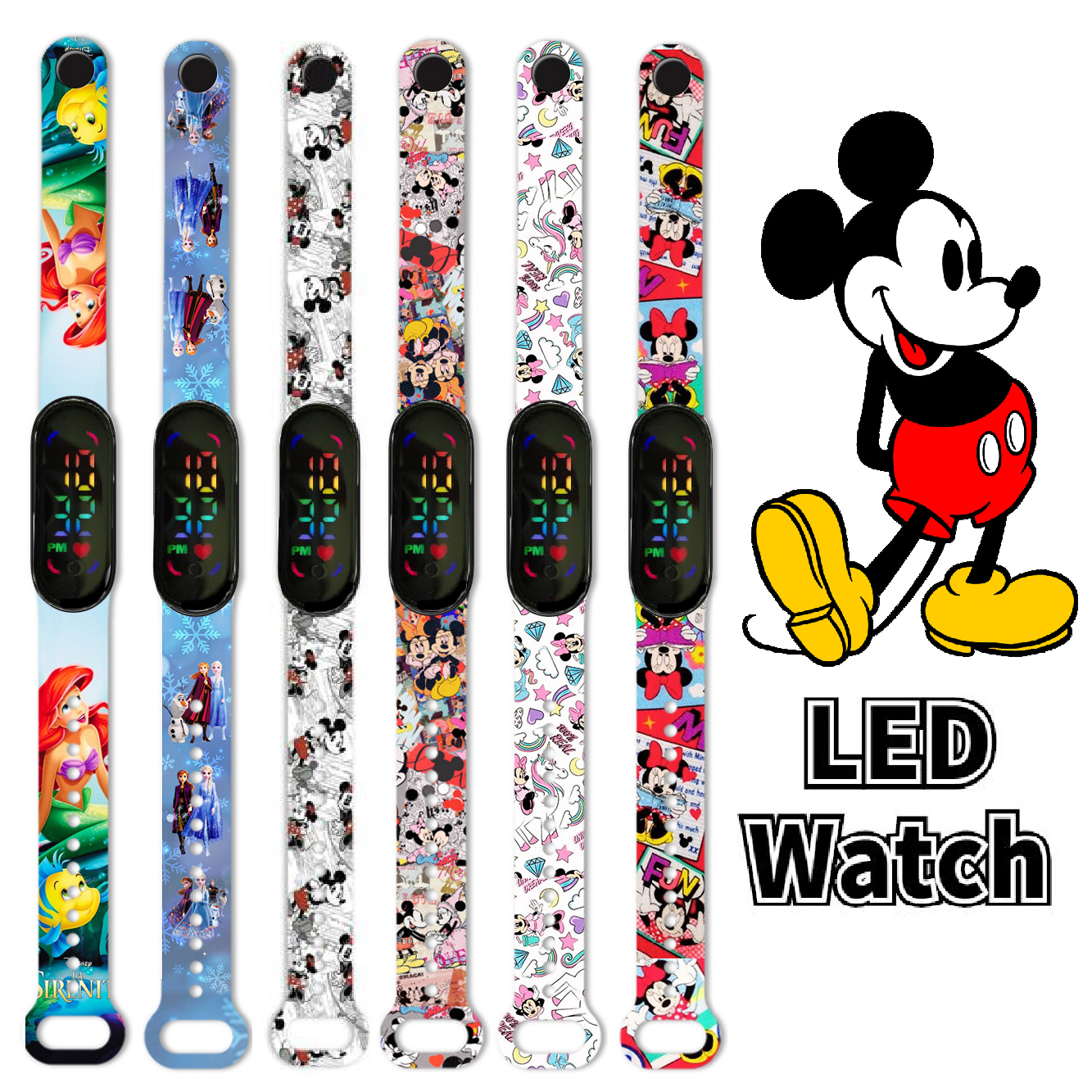 Disney Frozen Elsa children's watches cartoon character Mickey Minnie LED touch waterproof electronic kids watch birthday gifts