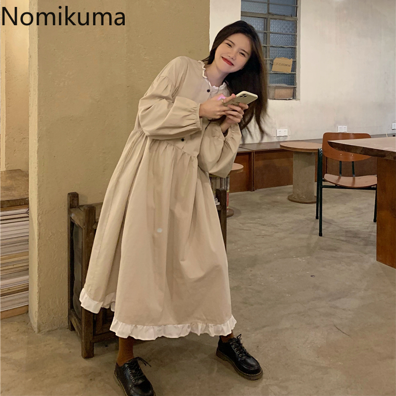 Nomikuma Autumn  Style Dress Women Ruffles Patchwork O Neck Long Sleeve Dresses Slim Waist Elegant Vestidos Mujer