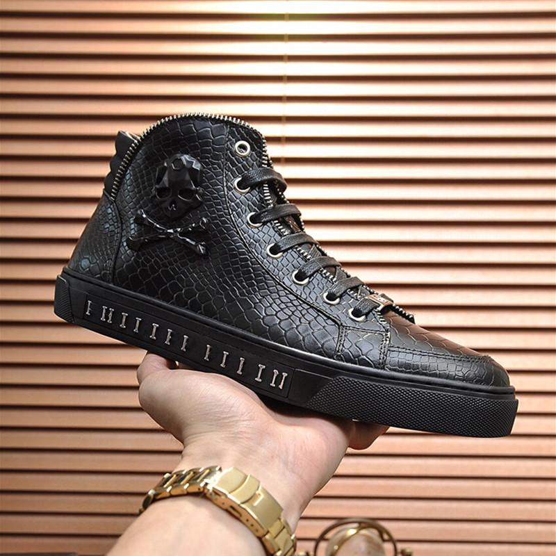  Mens Solid color High help  metal Designer Runner Trainers Genuine Leather Lace-up genuine leather Casual Boots