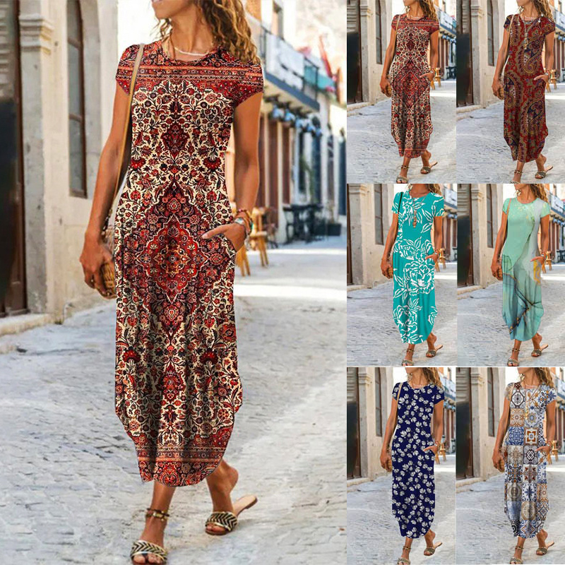 Round Neck Pocket Short Sleeve Trend Print Dress Maxi Dresses A-LINE  Mid-Calf  Dress Summer  Vintage  Women Clothes