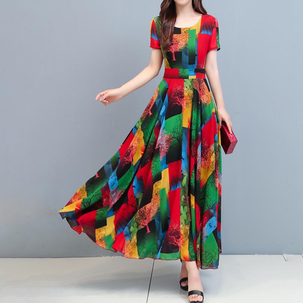  Women Dress Imitation Ice Silk Colorful Print Round Neck Large Hem Summer Elegant Casual  A-Line Long Dress Streetwear