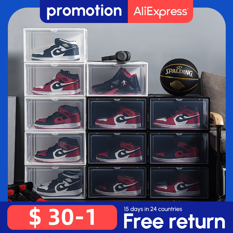 2pcs Transparent Sneaker Shoe Box Dust-proof Storage Box Stackable Shoe Cabinet High-top Dustproof AJ Shoes Organizers Shoe Rack