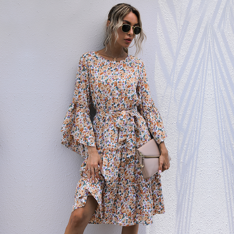 Women Elegant Cascade Ruffled Midi Dress Autumn O Neck Commute OL Shirt Dress Female Casual Holiday Dress Floral Dress