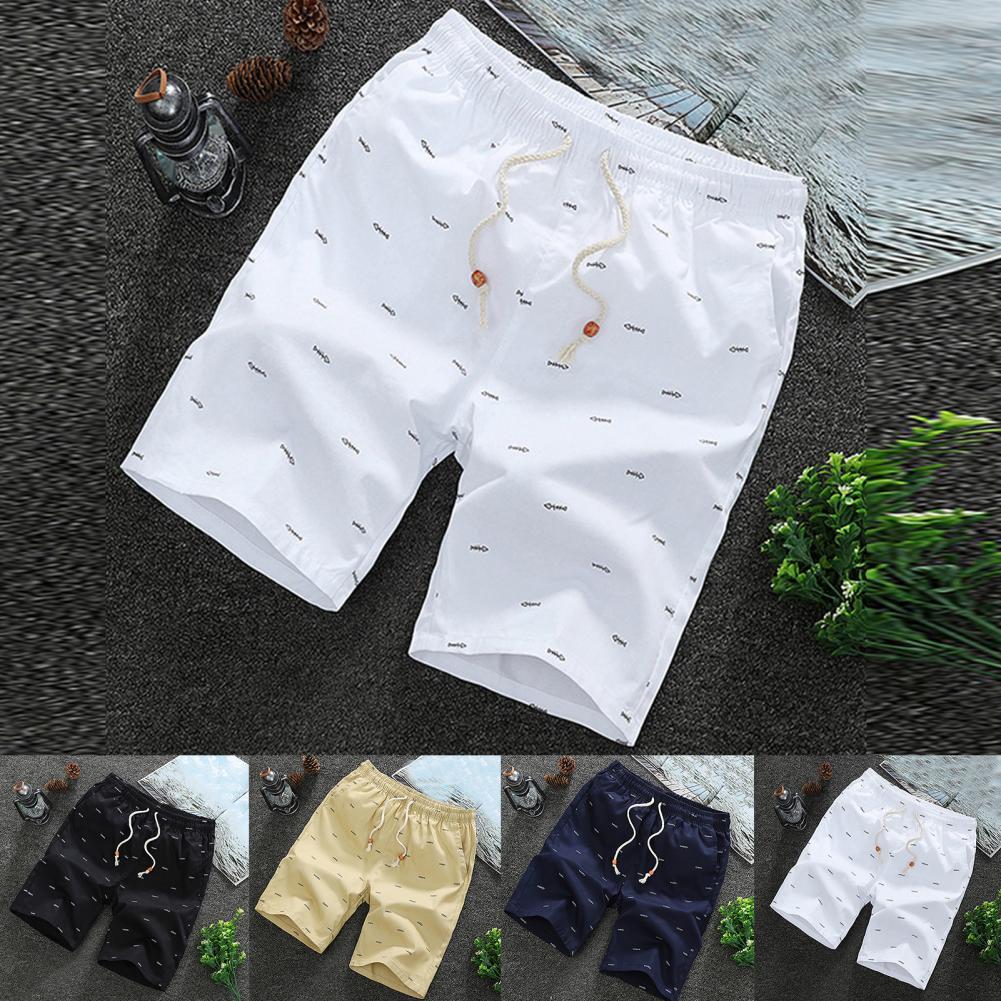  Summer Shorts Men Mid Rise Fish Bone Print Men Shorts Loose Drawstring Pockets Short Pants Bottoms High  Shorts