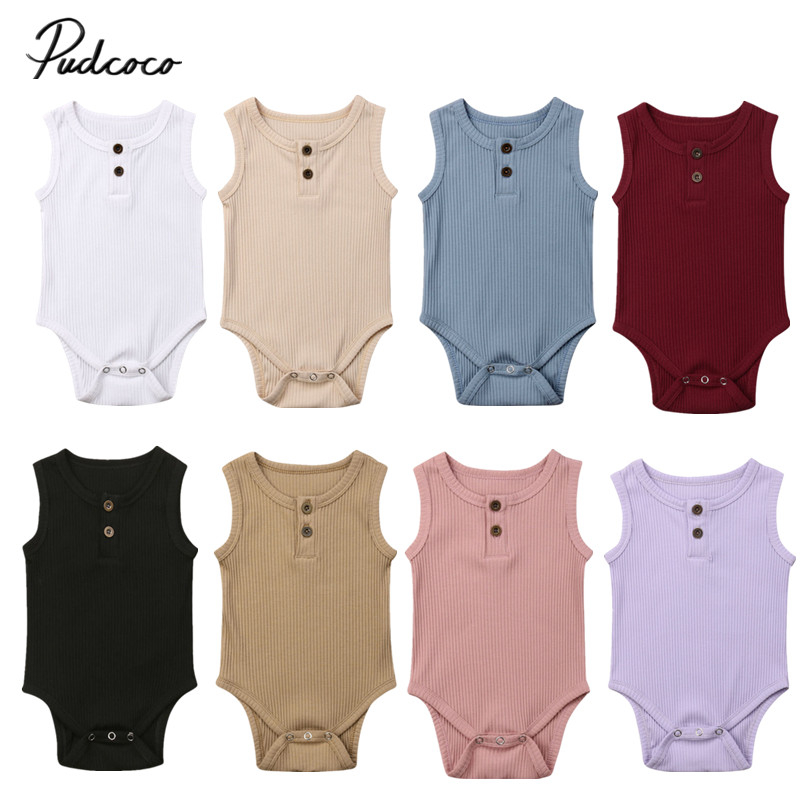 Children Summer Clothing Newborn Baby Boy Girl Knit Solid Ribbed Bodysuit Jumpsuit Cotton Outfits Sleeveless Sunsuit 0-24M