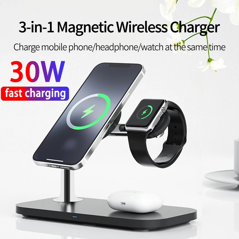 3 in 1 Magnetic Wireless Charger 30W Qi Fast Charging Macsafe iPhone 12 13 Pro Max Apple Watch Airpods Pro Charging Dock Station