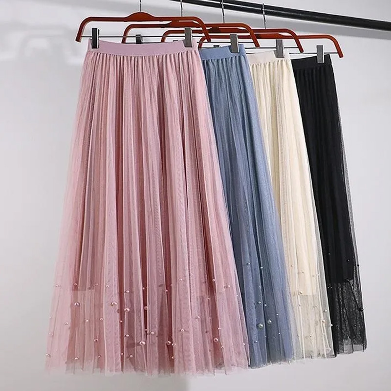  Style  Maxi Long Tulle Skirt Women High Waist Summer Autumn Vintage Harajuku Pink Elastic Waist Pleated Tutu Skirt