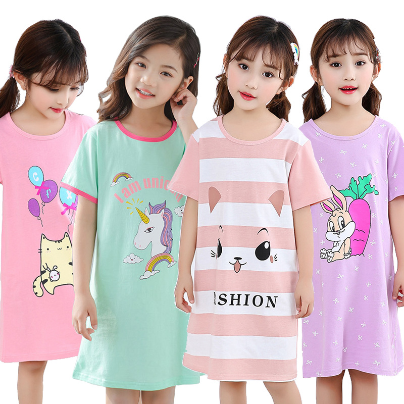 Kids Girls  Nightgown Cartoon Nightdress Girl Sleepwear Nightie Summer Short Sleeves Nightwear Children Clothes