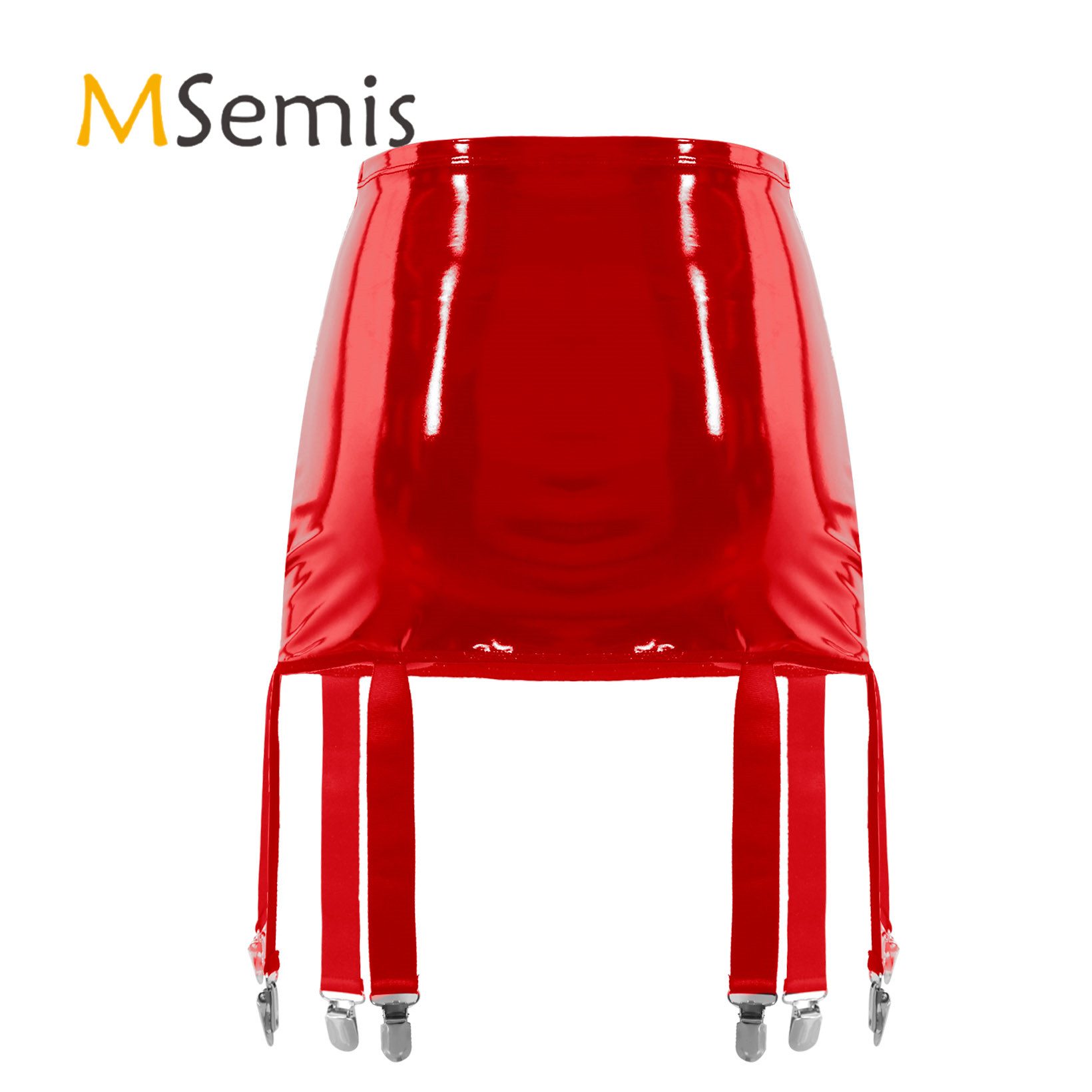 Womens Sexy Mini Skirts with Garter Belt Wet Look Patent Leather Clubwear High Waist Suspenders with Six Metal Buckle Clips