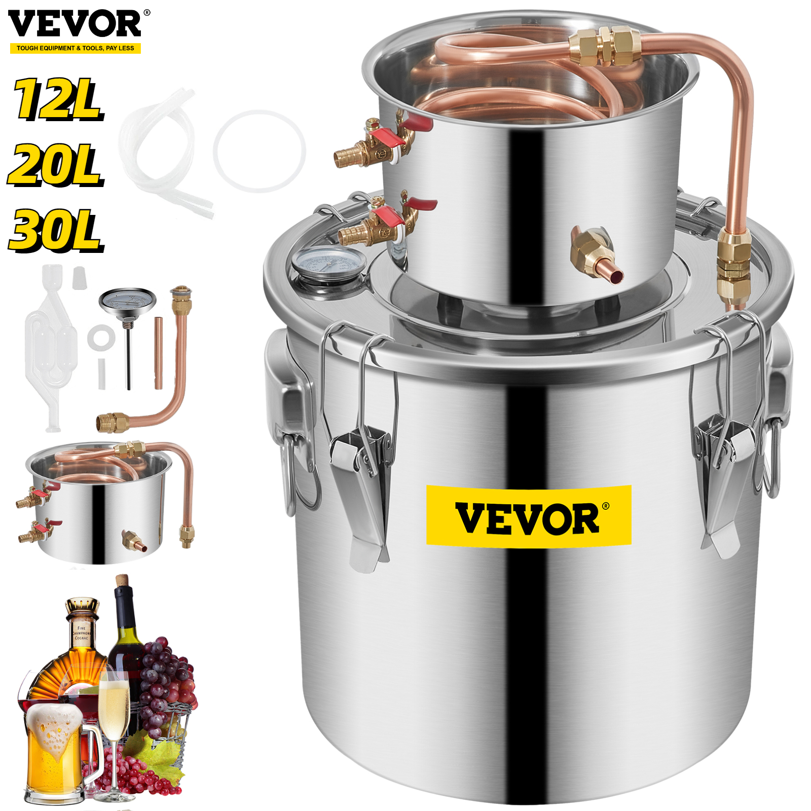 VEVOR 3 5 8 Gal Distiller Alambic Moonshine Alcohol Still Stainless Copper DIY Home Brew Water Wine Essential Oil Brewing Kit
