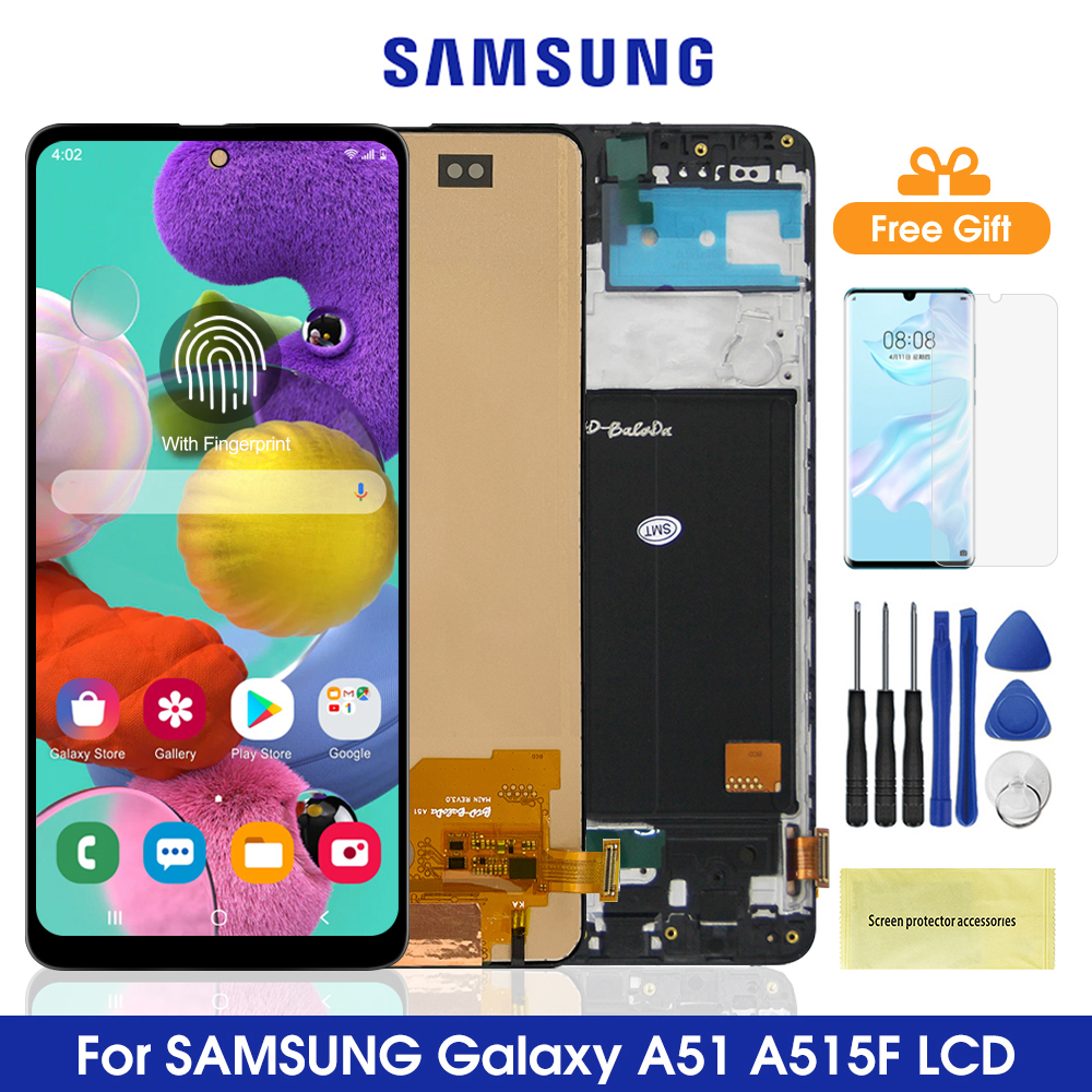 Super AMOLED A51 Display With Fingerprint， for Samsung Galaxy A51 A515 A515F Lcd Display Touch Screen Digitizer Replacement