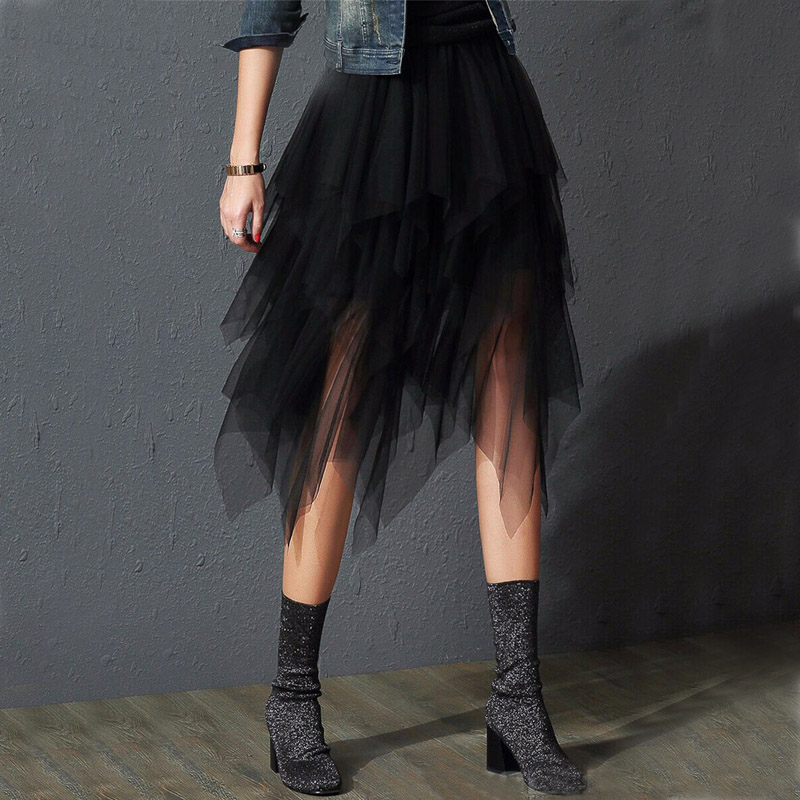 Irregular Tulle Skirt Women Summer High Waist Skirt Up Party Petticoat  Casual Style Goth Dark