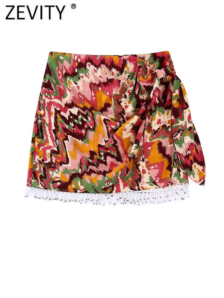 Zevity Women Vintage Multicolor Floral Print Bow Tied Tassel Sarong Skirt Faldas Mujer Lady Chic Slim Kimono Vestidos QUN1918