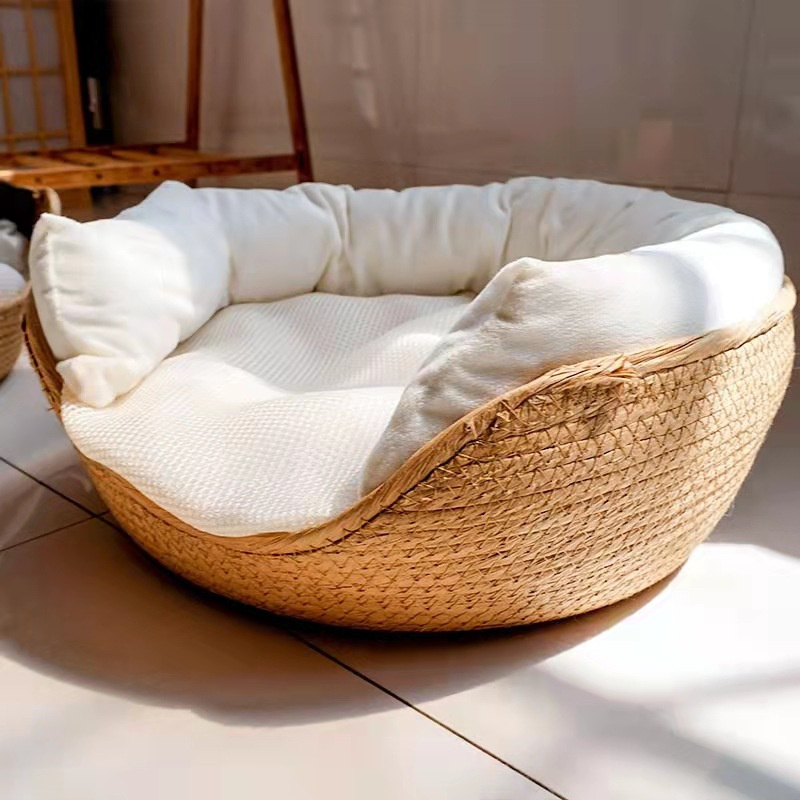 Pet BedKennel  Cat Mat Dog Beds Sofa Bamboo Weaving Four Season Cozy Nest Baskets Waterproof Removable Cushion Sleeping Bag