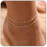 MIDEEO Gold/Silver Ankle Bracelets for Women,14K Gold Anklets for Women Waterproof Cuban Link Heart Beads Herringbone Rhinestone Anklets Set Layered Anklet Bracelets for Women Gold Jewelry Gift