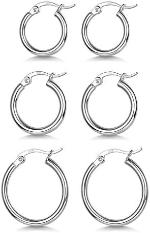 3 Pairs 925 Sterling Silver Hoop Earrings | Small White Gold Plated Hoop Earrings for Women (13mm,15mm,20mm，25mm,30mm,40mm,50mm,60mm)