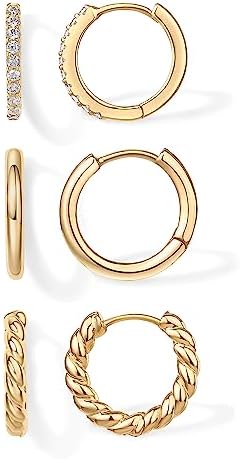 PAVOI 18K Gold Plated 925 Sterling Silver Posts 3 Pairs Small Hoop Earrings Set | Cubic Zirconia Plain Rope Huggie Hoops for Women | Lightweight Earrings Pack