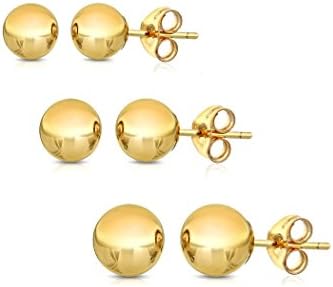 14K Solid Gold Ball Stud Earrings (3-Pair-Pack) 3MM 4MM and 5MM - Choose a Color