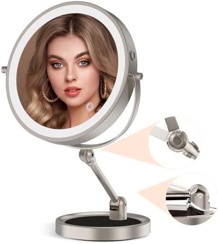 9" Large Lighted Makeup Mirror with 1X/10X Magnification, 4000mAh Rechargeable Vanity Mirror with Height Adjustable & 3 Color Dimmable Lights, 360°Swivel Double Sided Tabletop Cosmetic Mirror